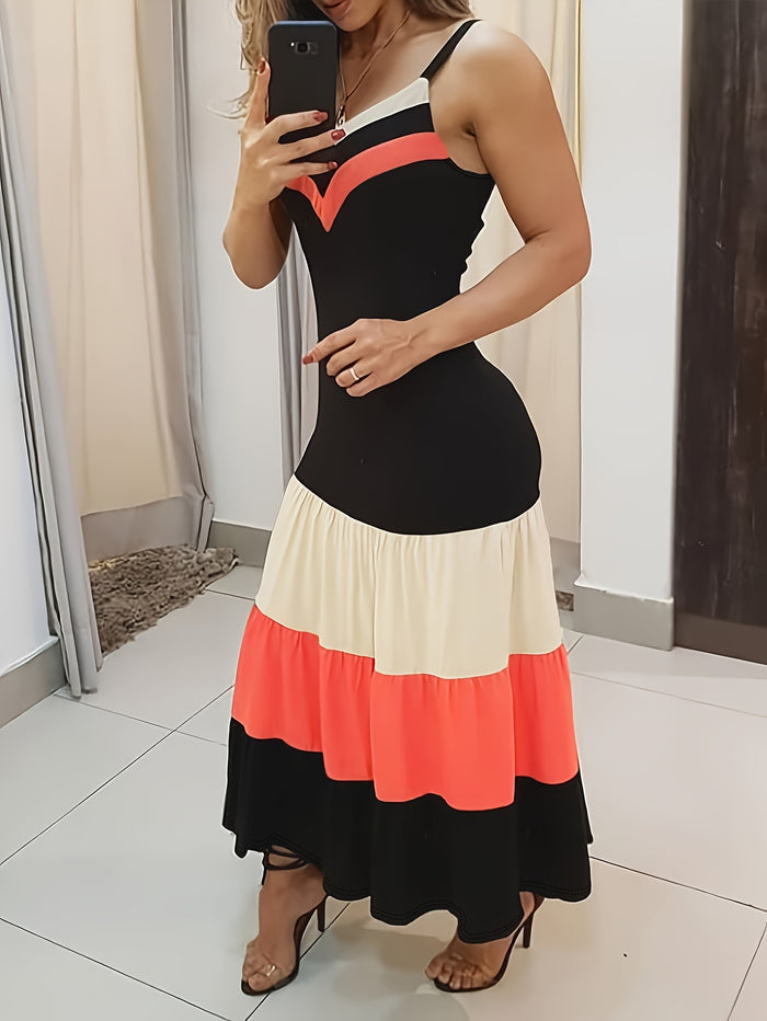 Colour-Blocked Spaghetti Strap Dress, Ruffle Detail & V-Neck