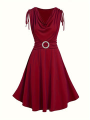 Elegant Red Midi Dress – Cowl Neck & Ruched Shoulders