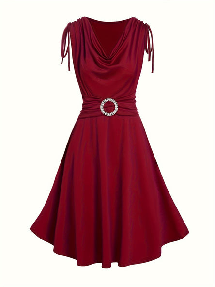 Elegant Red Midi Dress – Cowl Neck & Ruched Shoulders