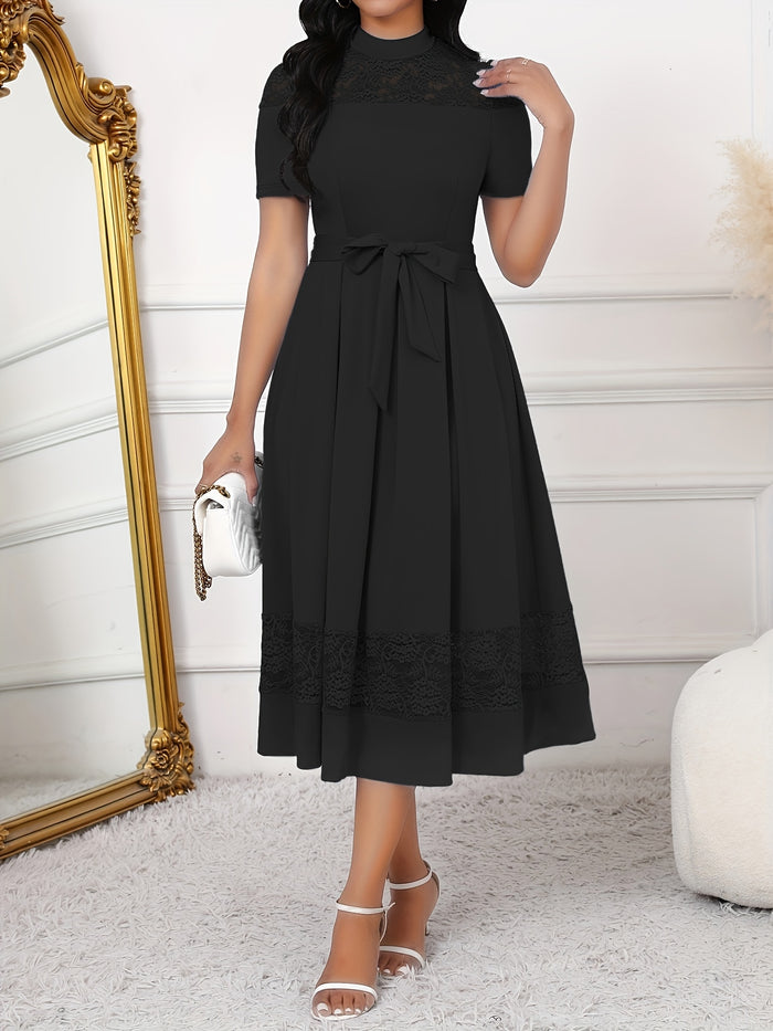 Elegant Lace Patchwork Midi Dress, Belted & Flattering Fit, image 2
