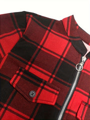 Casual Plaid Drawstring Dress – Long Sleeve & Fit-and-Flare