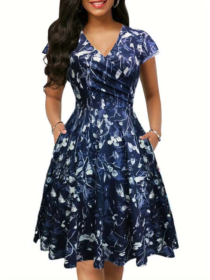 Elegant V-Neck Fit & Flare Dress, Knee-Length with Pockets