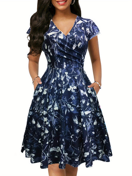 Elegant V-Neck Fit & Flare Dress – Knee-Length with Pockets