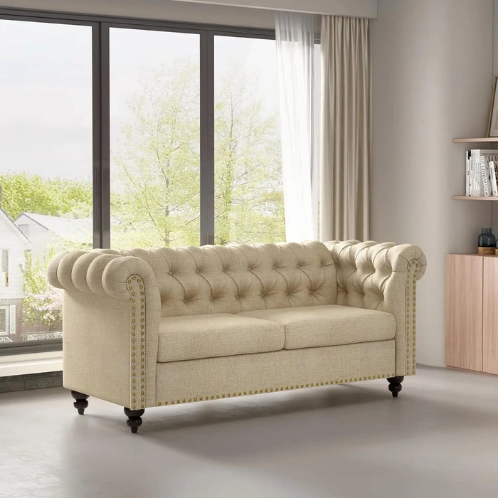 Victoria Chesterfield 2-Seater Sofa, Elegant Button-Back Linen Settee, image 2