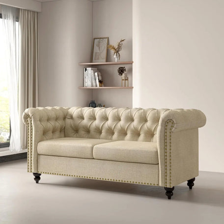 Victoria Chesterfield 2-Seater Sofa – Elegant Button-Back Linen Settee