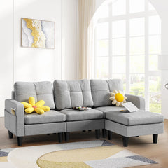 Modern L-Shaped Fabric Sofa Bed – Convertible Recliner with Wooden Legs