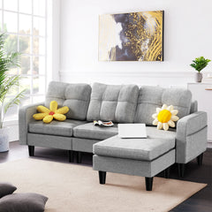 Modern L-Shaped Fabric Sofa Bed – Convertible Recliner with Wooden Legs