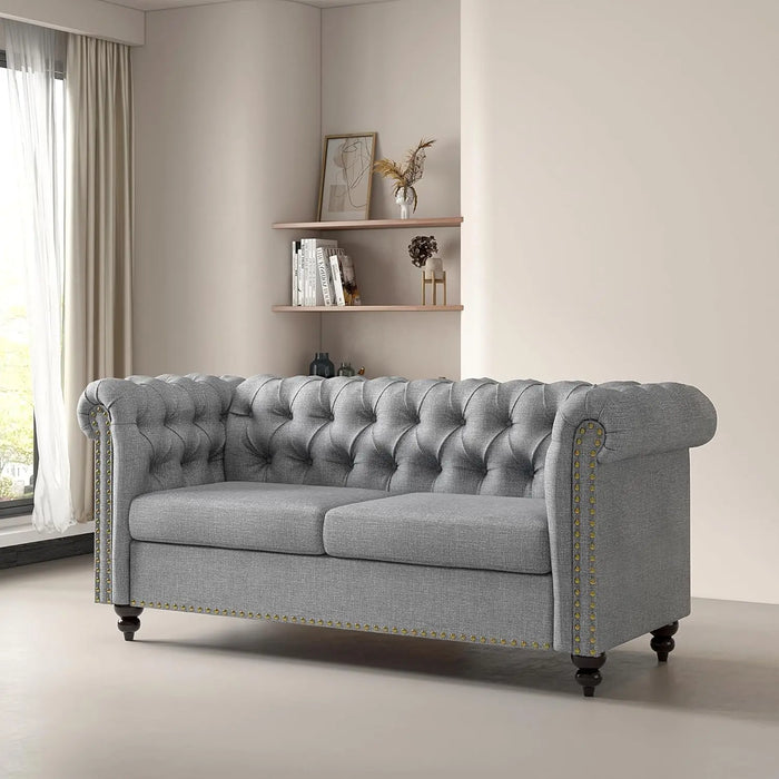 Victoria Chesterfield 2-Seater Sofa, Elegant Button-Back Linen Settee, Grey