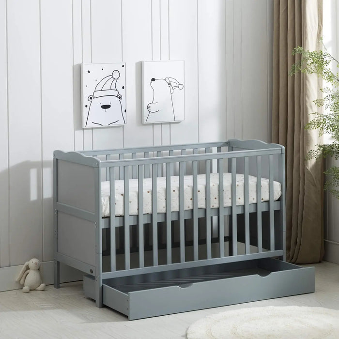 Wooden Cot Bed with Drawer & Mattress, Converts to Toddler Bed