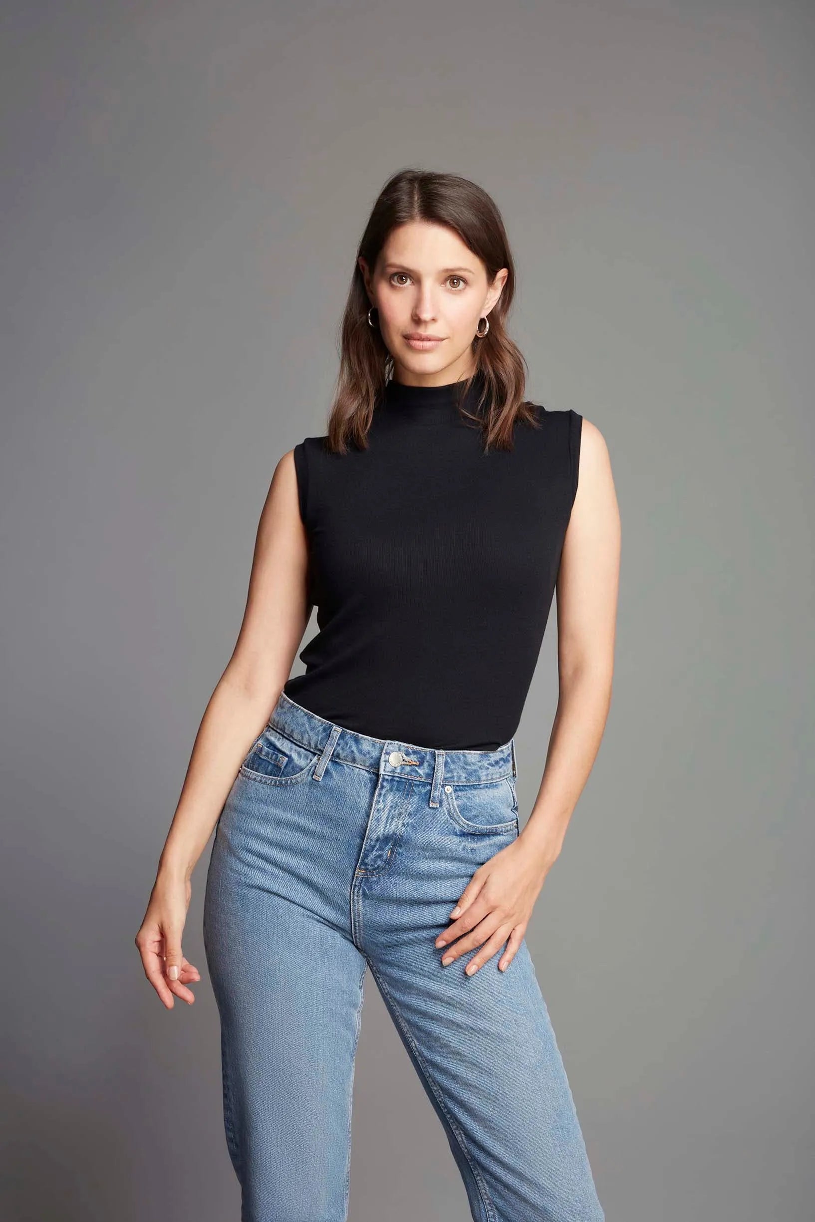Women's Sleeveless Mock Neck Top – Ribbed Micro Modal, Black