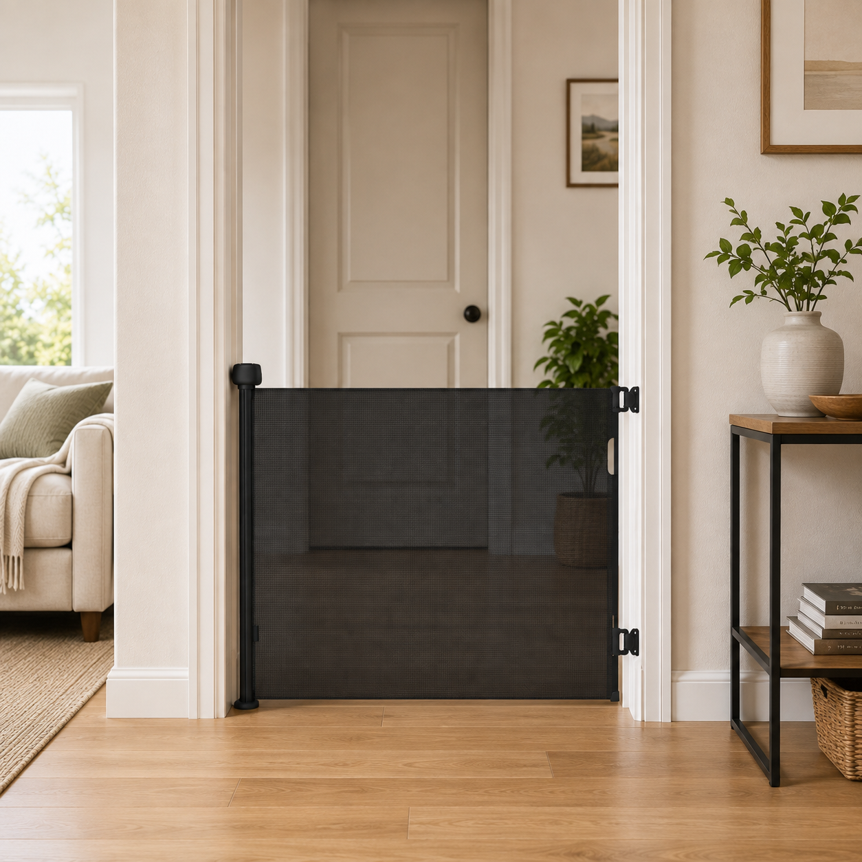 Retractable Fabric Stair Gate – Black, Up to 120cm Wide