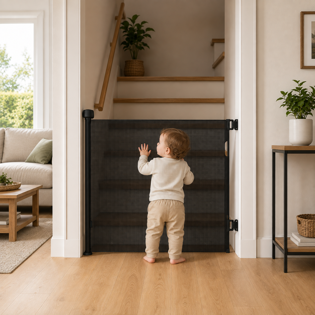 Retractable Fabric Stair Gate – Black, Up to 120cm Wide