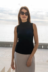 Women's Sleeveless Mock Neck Top – Ribbed Micro Modal, Black