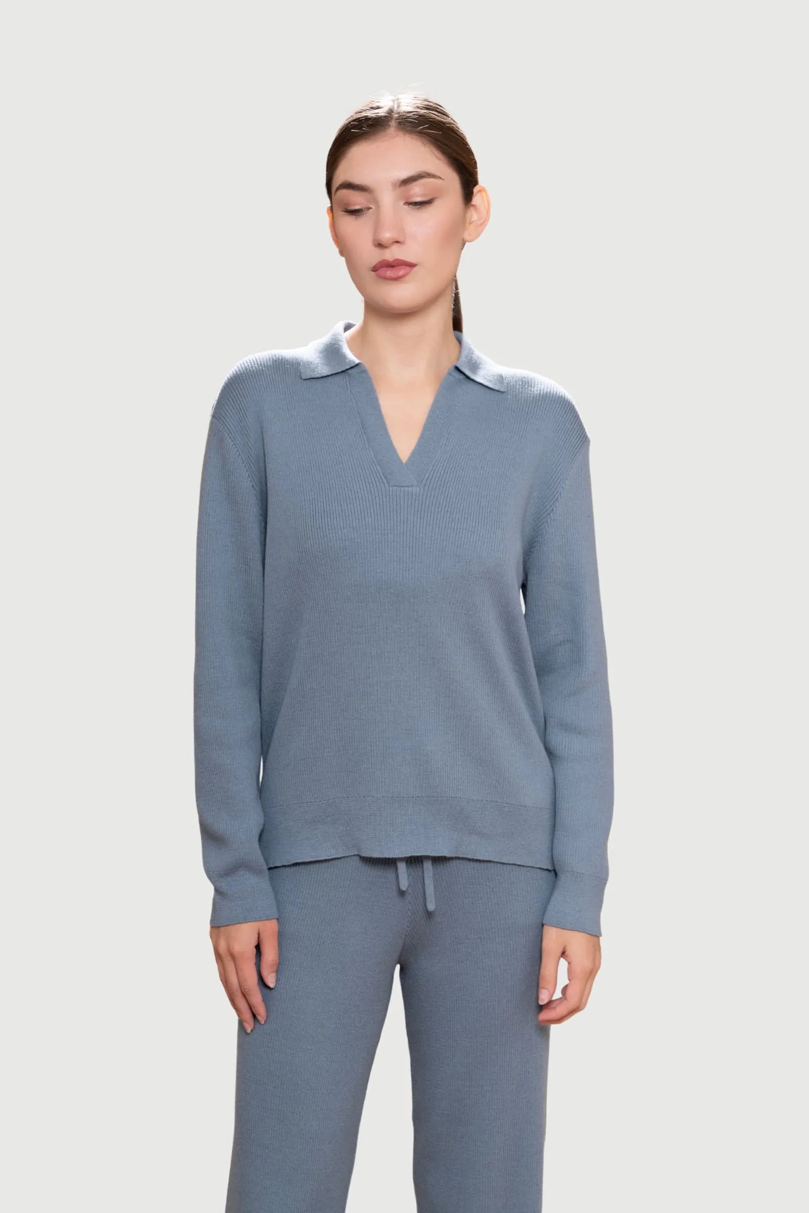 Ribbed Lounge Jumper – Pima Cotton & Baby Alpaca, Polo Collar