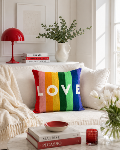 Rainbow LOVE Needlepoint Cushion – Rainbow Stripe, 45cm
