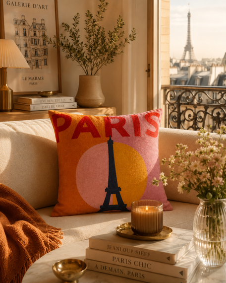 Paris Eiffel Tower Needlepoint Cushion – Pink & Orange, 45cm