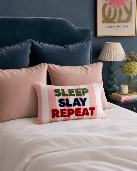 Sleep Slay Repeat Needlepoint Cushion – Pink Stripe, 45cm