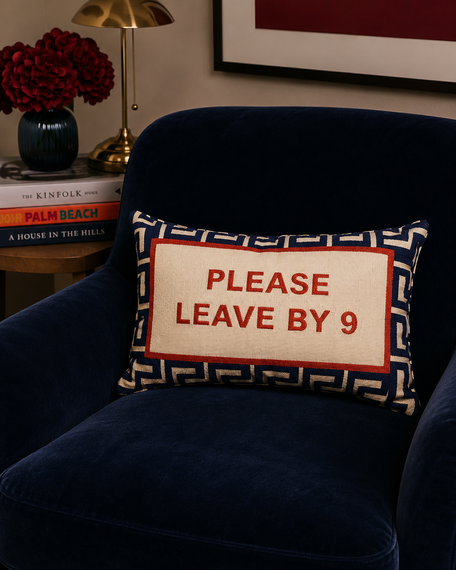 Please Leave By 9 Needlepoint Lumbar Cushion – Navy Velvet Back