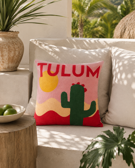Tulum Cactus Needlepoint Cushion – Pink, Red & Yellow, 45cm