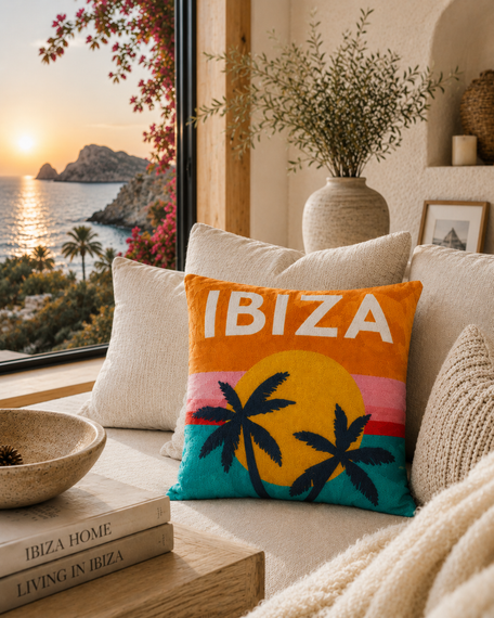 Ibiza Sunset Needlepoint Cushion – 45cm, Pink Velvet Back