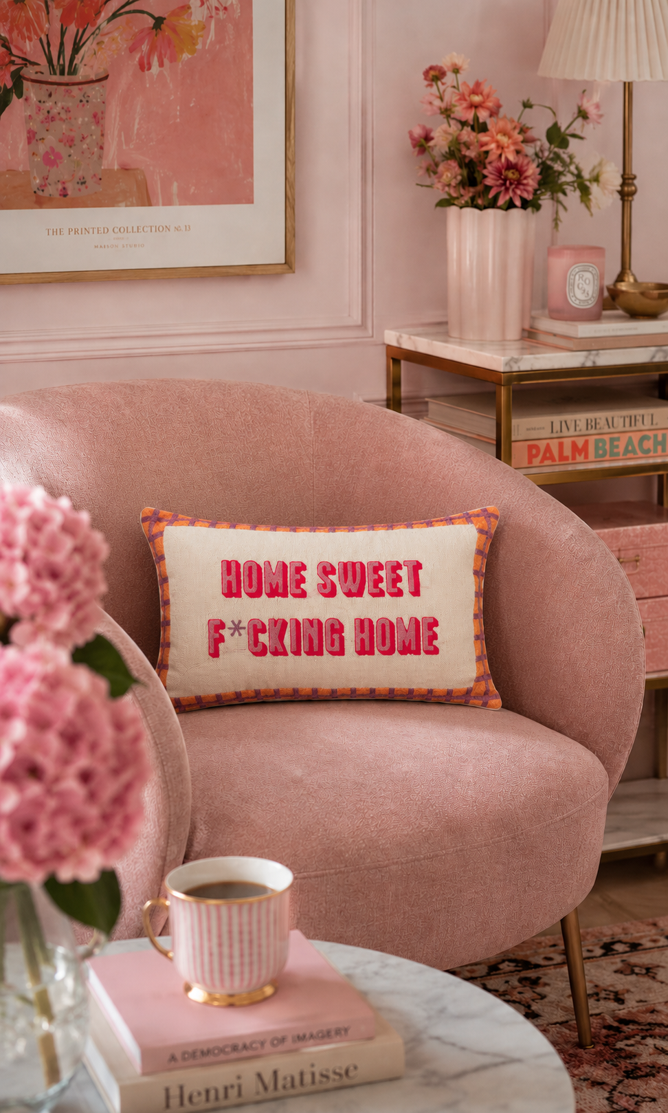 Home Sweet F*cking Home Needlepoint Cushion – 45cm, Pink Velvet Back
