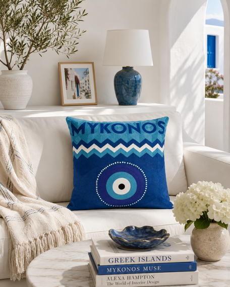 Mykonos Evil Eye Needlepoint Cushion – 45cm, Navy Velvet Back