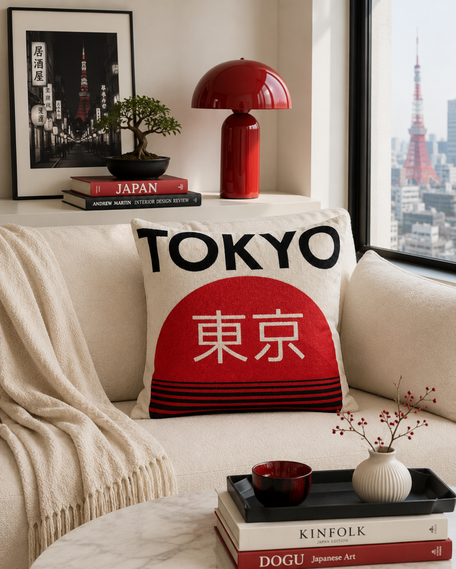 Tokyo Needlepoint Cushion – Red Sun Motif, 45cm