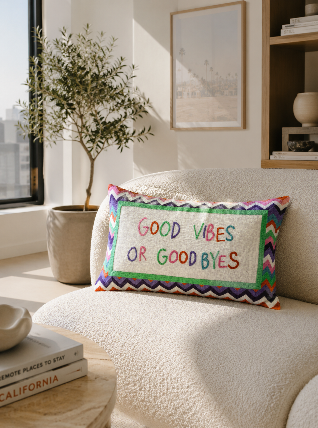 Good Vibes or Good Byes Needlepoint Cushion – Slogan, 45cm