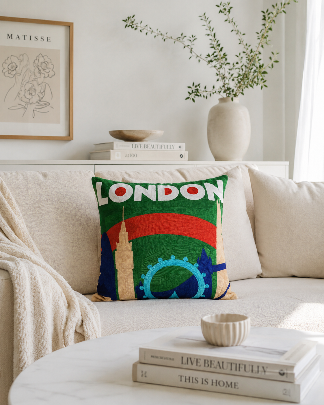 London Skyline Needlepoint Cushion – 45cm, Blue Velvet Back