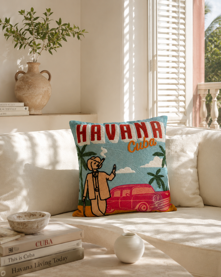 Havana Cuba Needlepoint Cushion – Retro Design, 45cm, Red Velvet Back