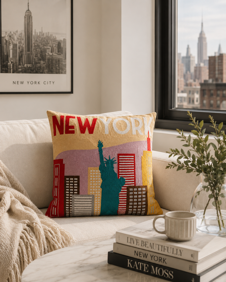 New York City Needlepoint Cushion – Skyline Design, 45cm