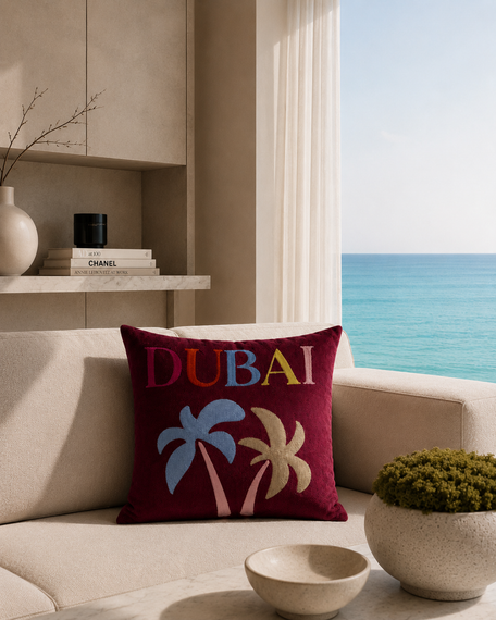 Dubai Palm Needlepoint Cushion – City Lettering, 45cm
