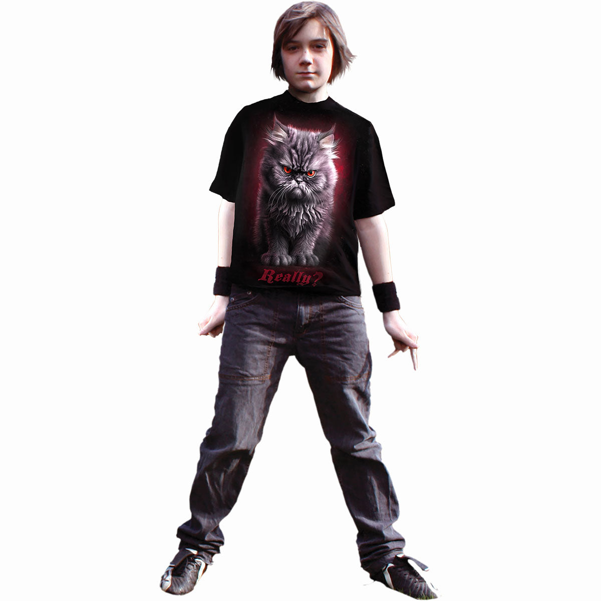 Spiral Anger Management Kids' Grumpy Cat T-Shirt, Black Cotton