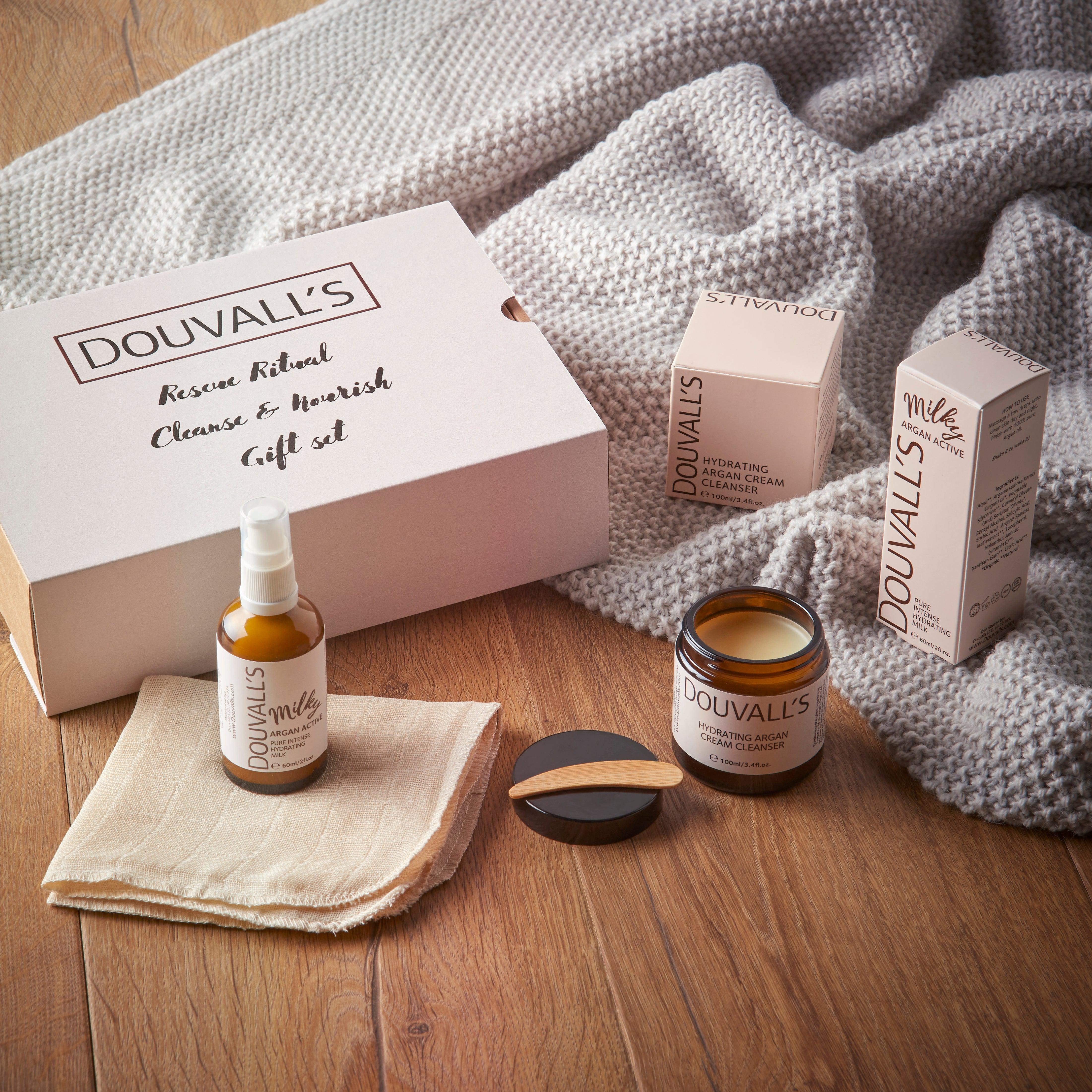 Rescue Ritual Gift Set – Argan Cream Cleanser, Milky Argan Active & Muslin Cloth