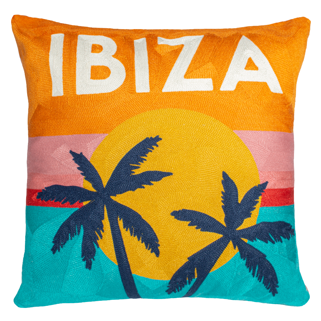 Ibiza Sunset Needlepoint Cushion – 45cm, Pink Velvet Back