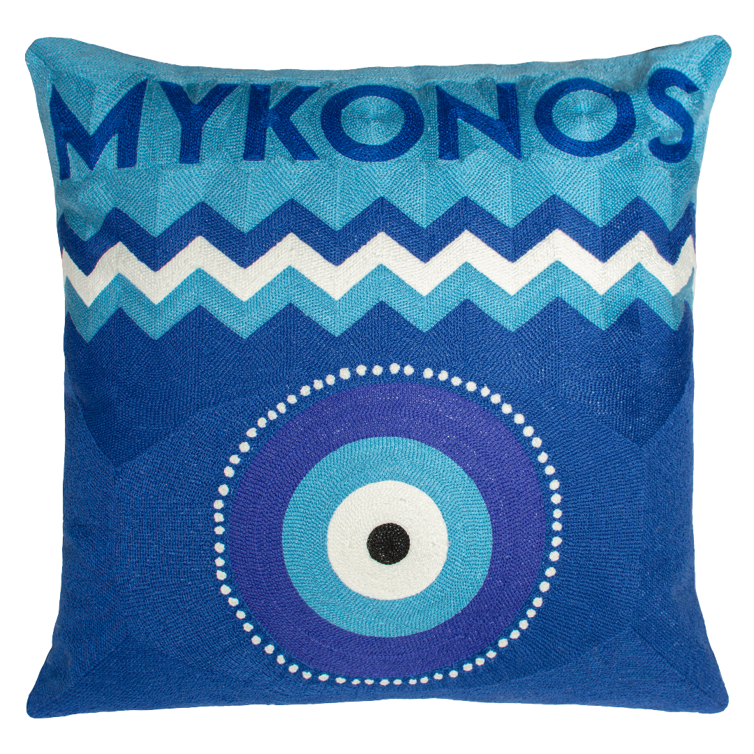 Mykonos Evil Eye Needlepoint Cushion – 45cm, Navy Velvet Back