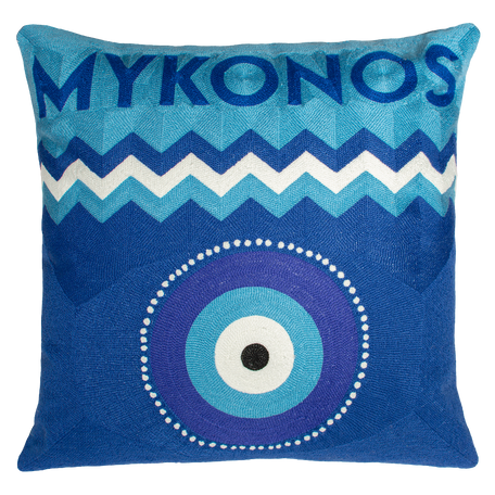 Mykonos Evil Eye Needlepoint Cushion – 45cm, Navy Velvet Back