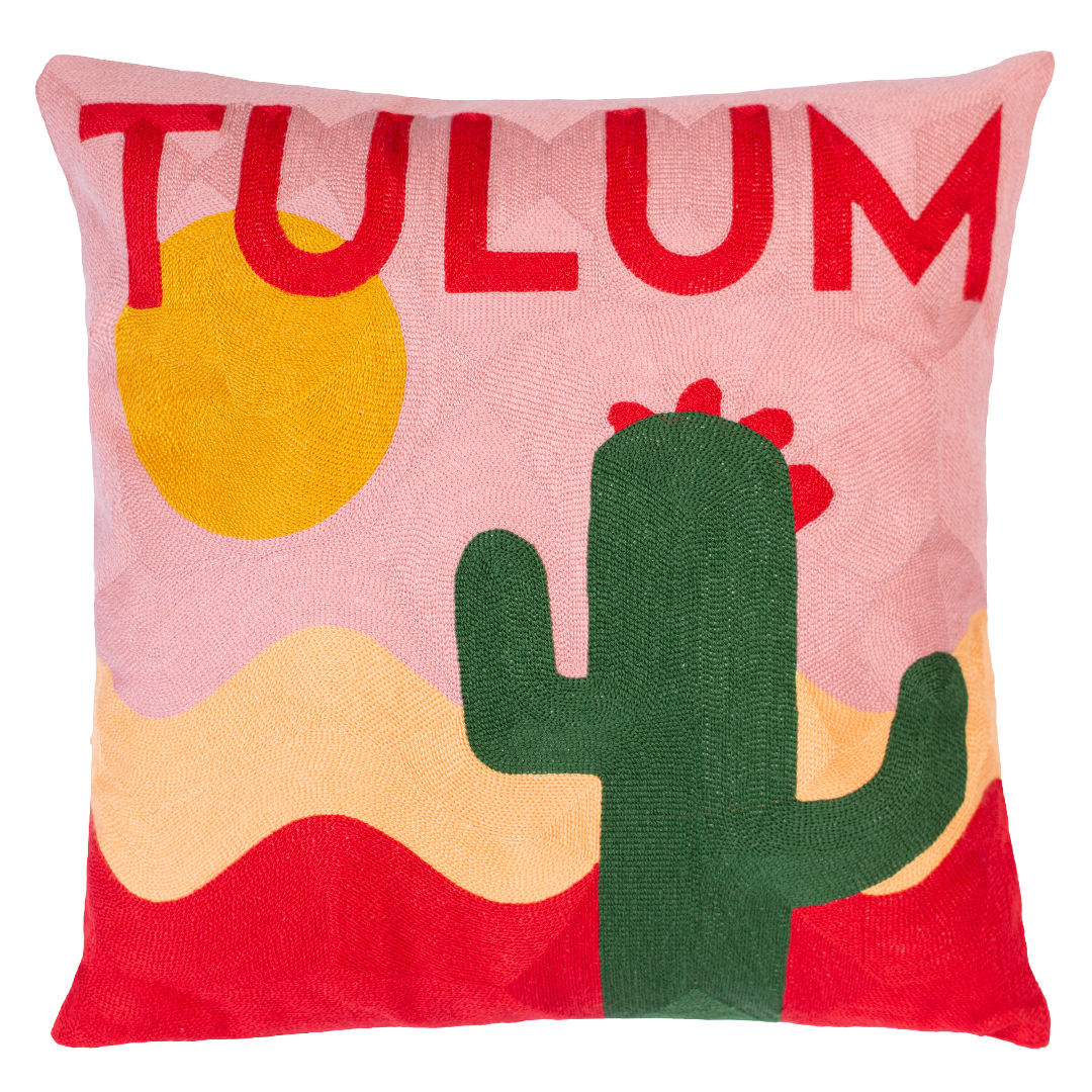 Tulum Cactus Needlepoint Cushion – Pink, Red & Yellow, 45cm