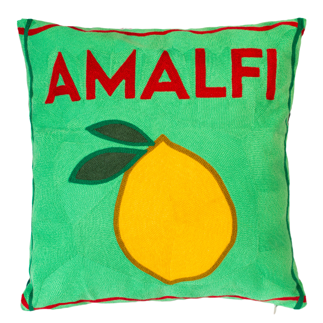 Amalfi Lemon Needlepoint Cushion – Handmade, 45cm, Green Velvet Back