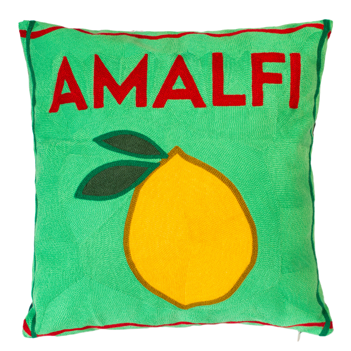 Amalfi Lemon Needlepoint Cushion, Handmade, 45cm, Green Velvet Back