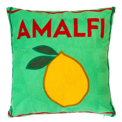 Amalfi Lemon Needlepoint Cushion – Handmade, 45cm, Green Velvet Back