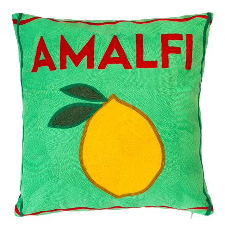 Amalfi Lemon Needlepoint Cushion – Handmade, 45cm, Green Velvet Back
