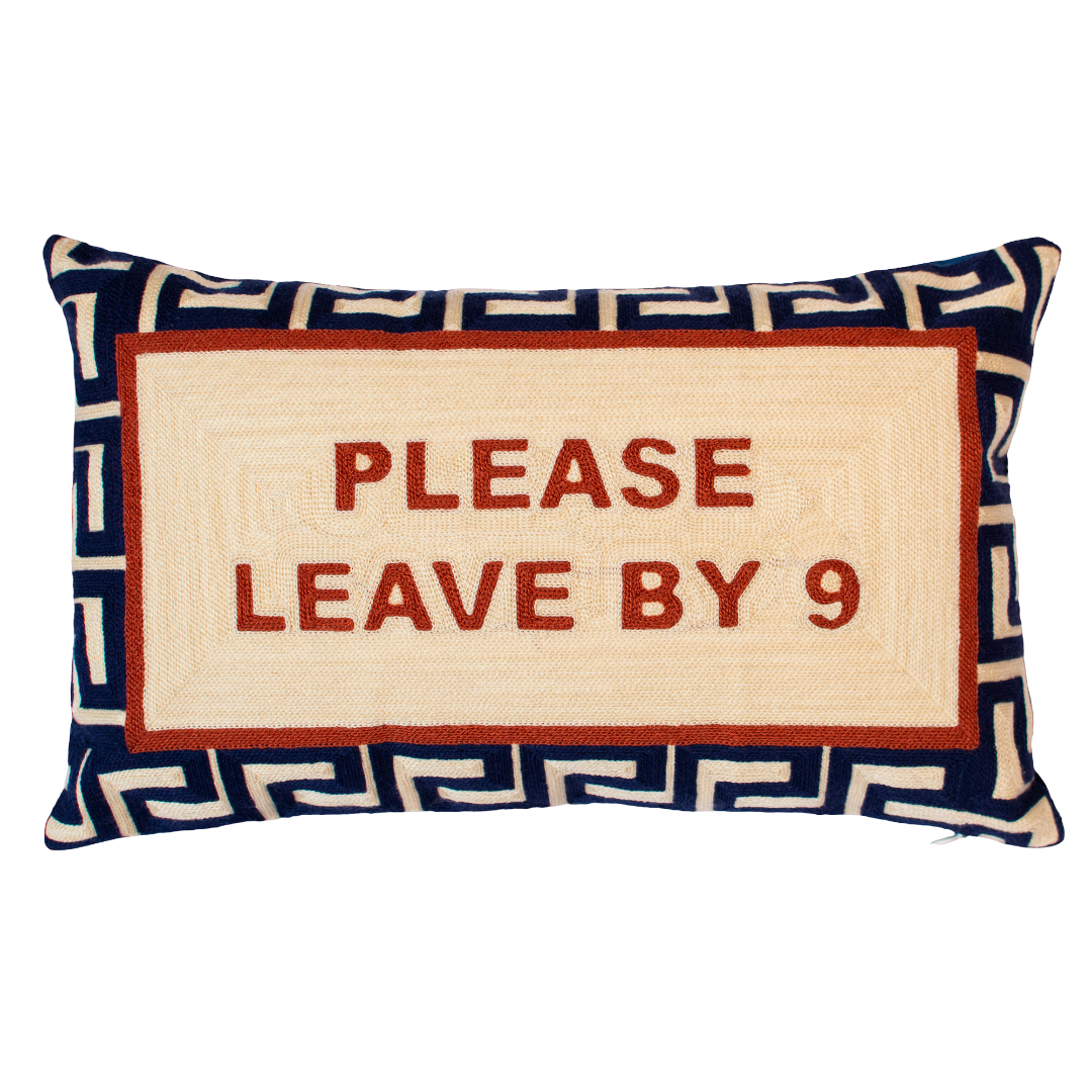 Please Leave By 9 Needlepoint Lumbar Cushion – Navy Velvet Back