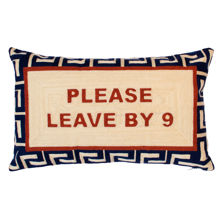 Please Leave By 9 Needlepoint Lumbar Cushion, Navy Velvet Back
