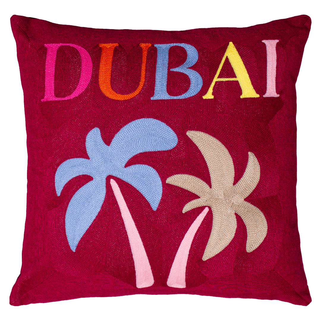 Dubai Palm Needlepoint Cushion – City Lettering, 45cm