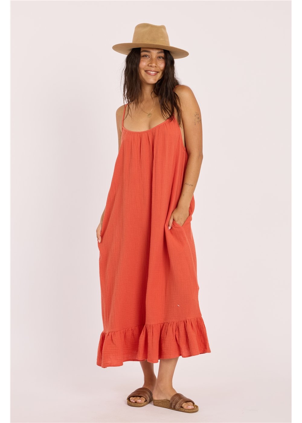 Beach Cruiser Cotton Gauze Midi Dress with Ruffle Hem