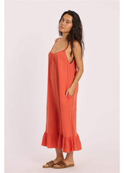 Beach Cruiser Cotton Gauze Midi Dress with Ruffle Hem