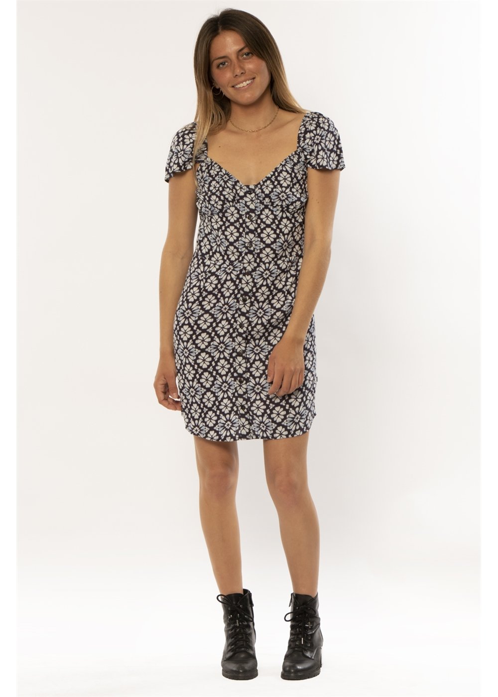 Jayden Printed Short-Sleeve Mini Dress with Darts