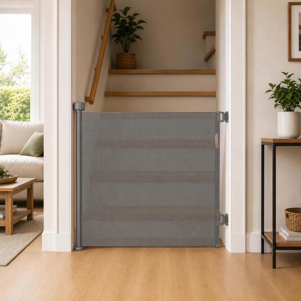 Retractable Fabric Stair Gate – Grey, Up to 120cm Wide