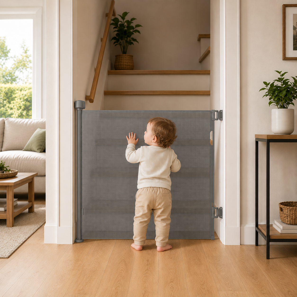 Retractable Fabric Stair Gate – Grey, Up to 120cm Wide